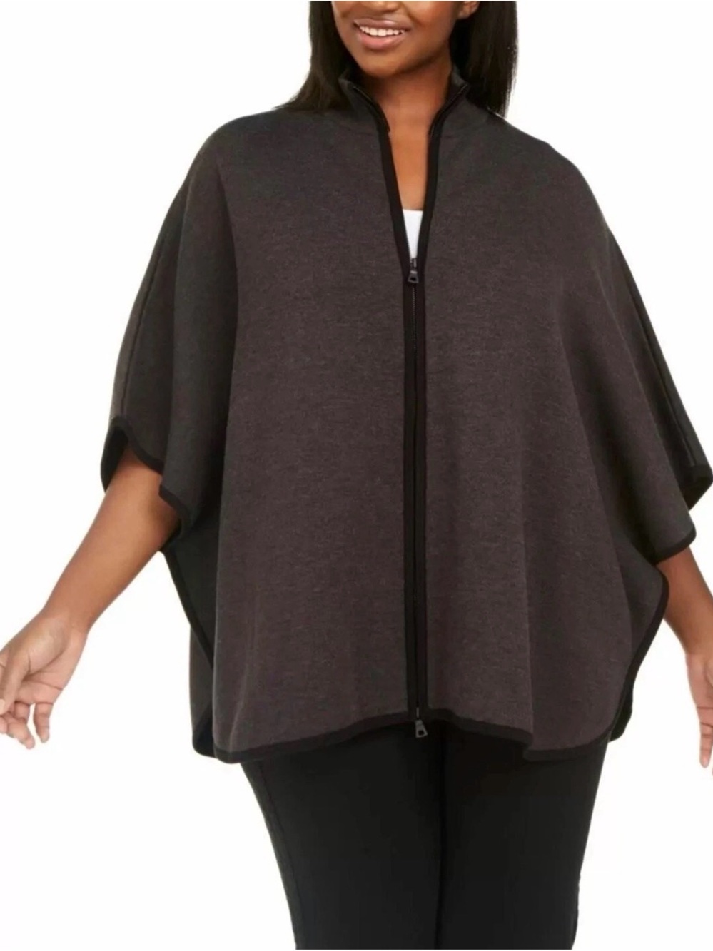 Anne Klein Knitted Gray & Black Double Zipper Piped Poncho XL
